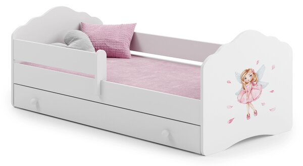Dětská postel FALA 140 × 70 cm s úložným šuplíkem a ochrannou zábranou – motiv dívka s křídly