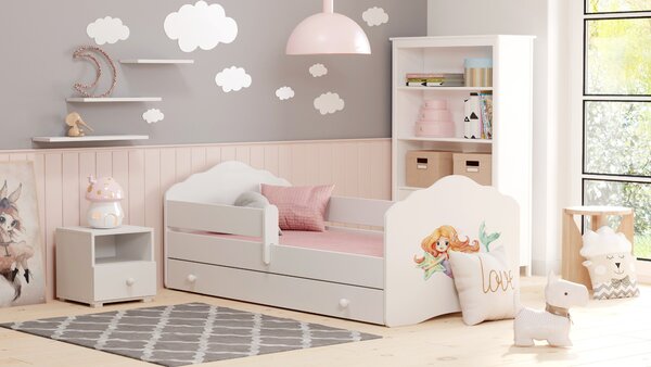 Dětská postel FALA 140 × 70 cm s úložným šuplíkem a ochrannou zábranou – motiv mořská víla