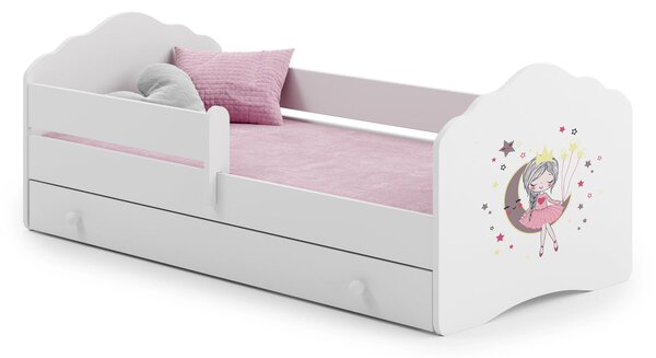 Dětská postel FALA 140 × 70 cm s úložným šuplíkem a ochrannou zábranou – motiv spící princezna