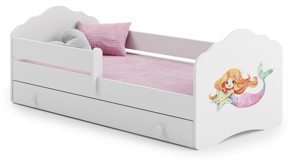 Dětská postel FALA 140 × 70 cm s úložným šuplíkem a ochrannou zábranou – motiv mořská víla