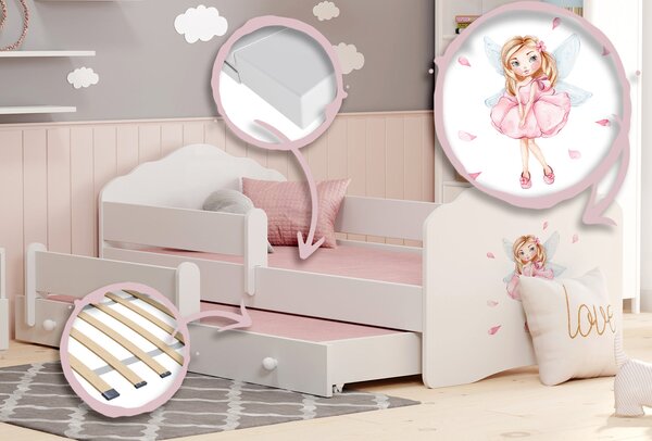 Dětská postel se dvěma lůžky FALA 160 × 80 cm s úložným šuplíkem a ochrannou zábranou – motiv dívka s křídly