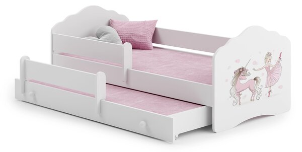 Dětská postel se dvěma lůžky FALA 160 × 80 cm s úložným šuplíkem a ochrannou zábranou – motiv dívka s jednorožcem