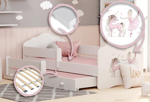 Dětská postel se dvěma lůžky FALA 160 × 80 cm s úložným šuplíkem a ochrannou zábranou – motiv dívka s jednorožcem