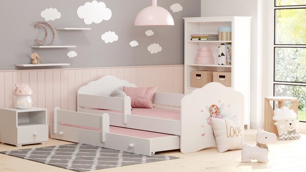 Dětská postel se dvěma lůžky FALA 160 × 80 cm s úložným šuplíkem a ochrannou zábranou – motiv dívka s křídly