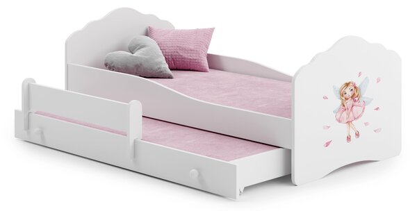 Dětská postel se dvěma lůžky FALA 160 × 80 cm s úložným šuplíkem a ochrannou zábranou – motiv dívka s křídly