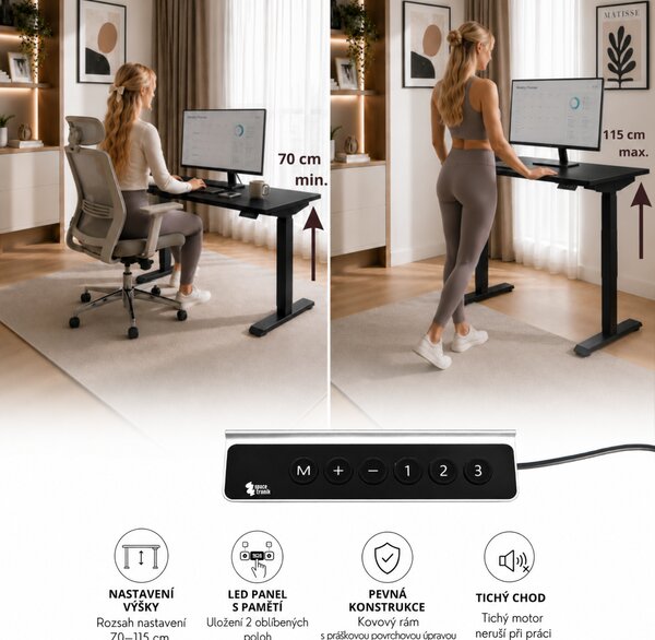 Elektricky výškově nastavitelný psací stůl FLEXI 118 cm – černá
