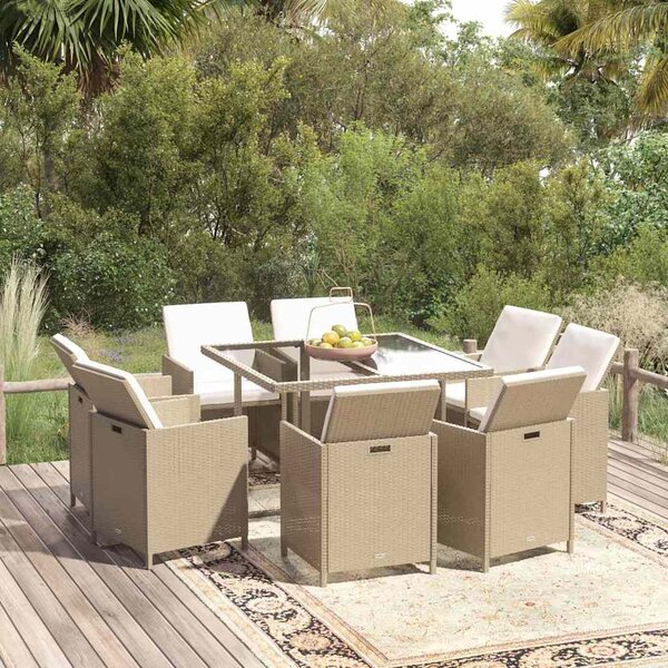 9dílný zahradní jídelní set s poduškami polyratan béžový 3095516