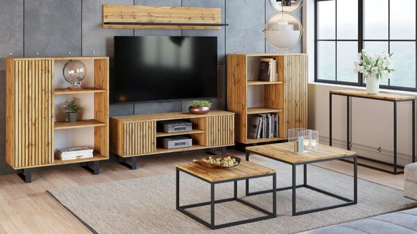 TV stolek FOCUS 135 cm – dub Craft zlatý, loftový styl, lamelový dekor