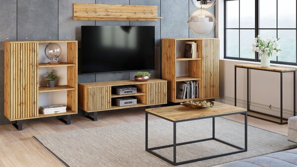 TV stolek FOCUS 135 cm – dub Craft zlatý, loftový styl, lamelový dekor
