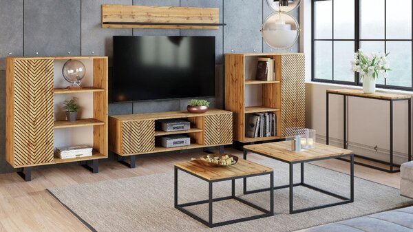 TV stolek FOCUS 155 cm – dub Craft, loftový styl, dekor rybí kost