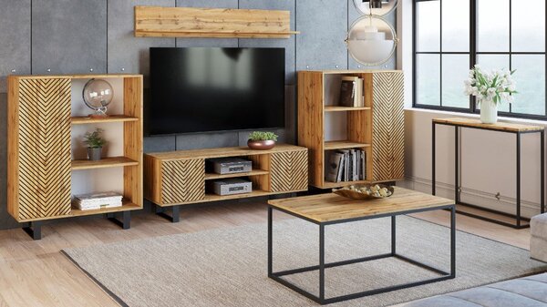 TV stolek FOCUS 155 cm – dub Craft, loftový styl, dekor rybí kost