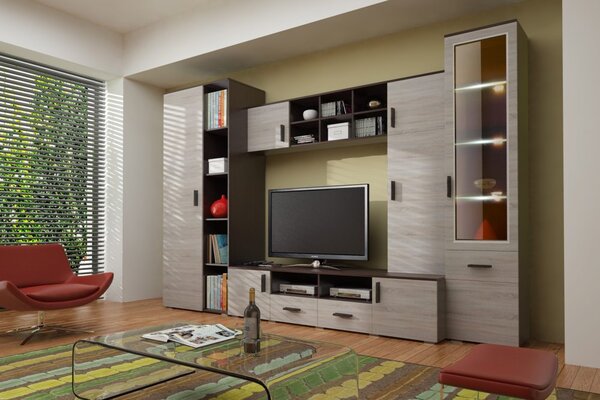 Obývací stěna LEONARDO wenge / dub sonoma (305 x 202) cm – s LED osvětlením