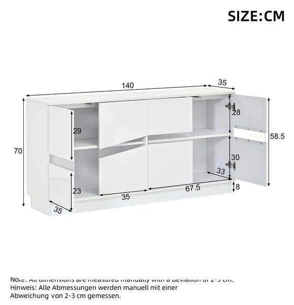 Komoda, rozměry 140x35x70 cm, lesklý povrch, s LED osvětlením, 4 dvířka, otevírání pomocí tlačítka (bílá barva)