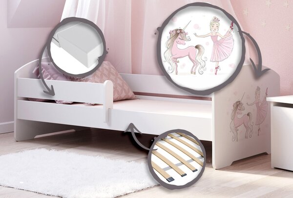 Dětská postel LUK 140 × 70 cm s ochrannou zábranou – motiv dívka s jednorožcem