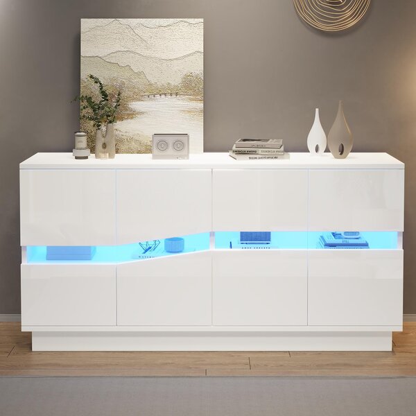 Komoda, rozměry 140x35x70 cm, lesklý povrch, s LED osvětlením, 4 dvířka, otevírání pomocí tlačítka (bílá barva)
