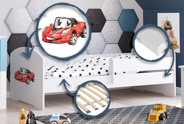 Dětská postel LUK 140 × 70 cm s ochrannou zábranou – motiv závodní auto