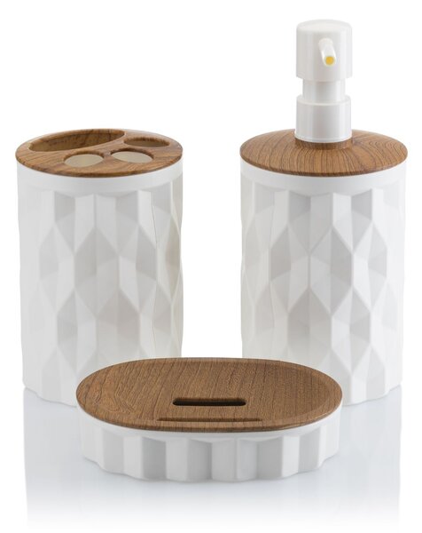 HowHomely Sada koupelnových doplňků Reina, bílá/prvky s povrchovou úpravou v dekoru dřeva