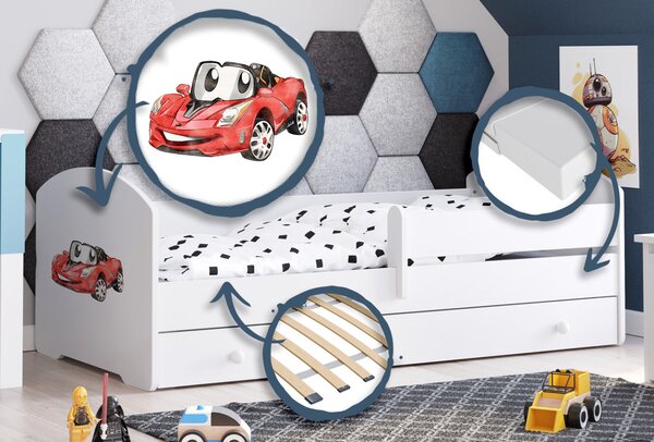 Dětská postel LUK 140 × 70 cm s úložným šuplíkem a ochrannou zábranou – motiv závodní auto