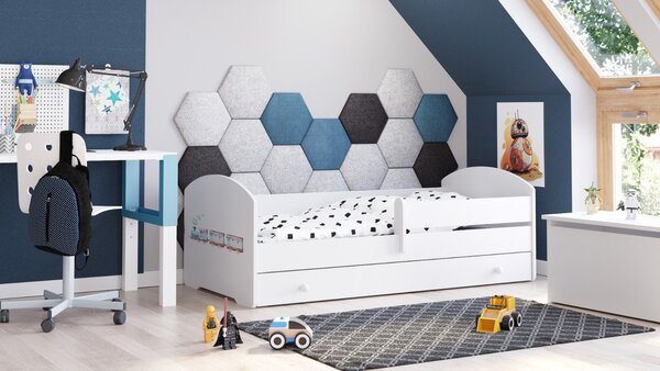 Dětská postel LUK 140 × 70 cm s úložným šuplíkem a ochrannou zábranou – motiv dinosauři