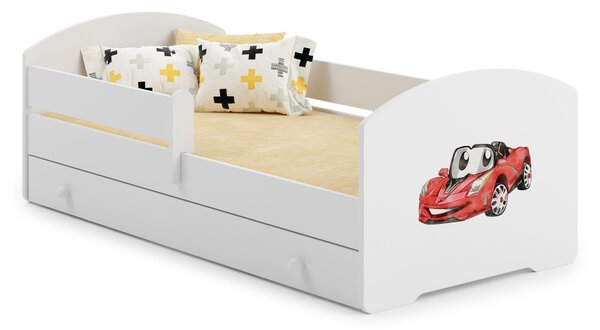 Dětská postel LUK 140 × 70 cm s úložným šuplíkem a ochrannou zábranou – motiv závodní auto