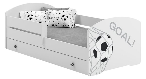 Dětská postel 140 × 70 cm s úložným šuplíkem a ochrannou zábranou – motiv fotbal