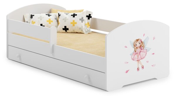 Dětská postel LUK 140 × 70 cm s úložným šuplíkem a ochrannou zábranou – motiv dívka s křídly