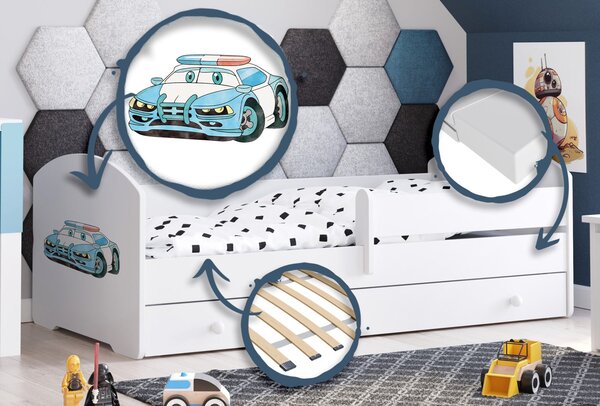 Dětská postel LUK 140 × 70 cm s úložným šuplíkem a ochrannou zábranou – motiv policie