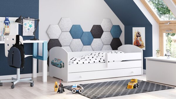 Dětská postel LUK 140 × 70 cm s úložným šuplíkem a ochrannou zábranou – motiv policie