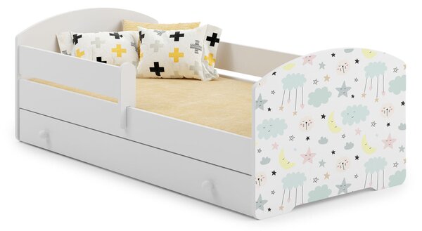 Dětská postel LUK 140 × 70 cm s úložným šuplíkem a ochrannou zábranou – motiv hvězdy