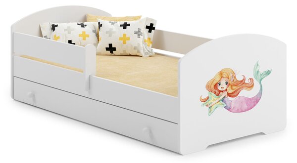 Dětská postel LUK 140 × 70 cm s úložným šuplíkem a ochrannou zábranou – motiv mořská víla