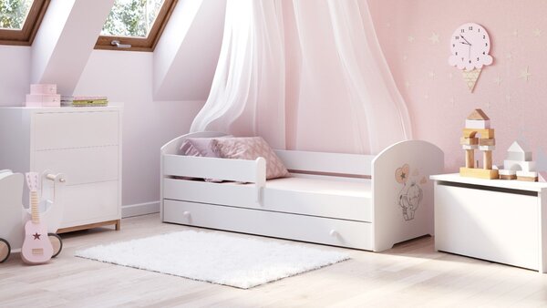 Dětská postel LUK 140 × 70 cm s úložným šuplíkem a ochrannou zábranou – motiv slůně