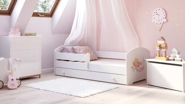 Dětská postel LUK 140 × 70 cm s úložným šuplíkem a ochrannou zábranou – motiv mořská víla