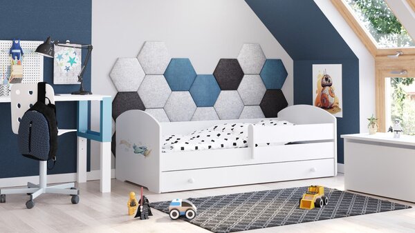 Dětská postel LUK 140 × 70 cm s úložným šuplíkem a ochrannou zábranou – motiv letadlo