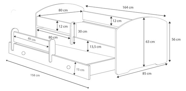 Dětská postel se dvěma lůžky LUK 160 × 80 cm s úložným šuplíkem a ochrannou zábranou – motiv dívka s křídly