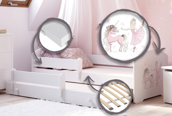 Dětská postel se dvěma lůžky LUK 160 × 80 cm s úložným šuplíkem a ochrannou zábranou – motiv dívka s jednorožcem
