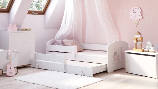 Dětská postel se dvěma lůžky LUK 160 × 80 cm s úložným šuplíkem a ochrannou zábranou – motiv dívka s jednorožcem