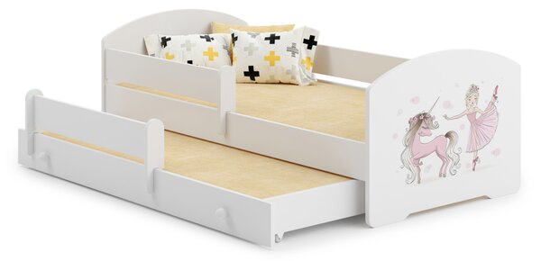 Dětská postel se dvěma lůžky LUK 160 × 80 cm s úložným šuplíkem a ochrannou zábranou – motiv dívka s jednorožcem