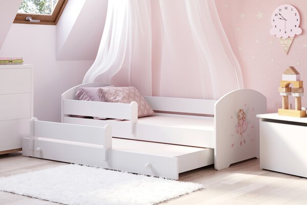 Dětská postel se dvěma lůžky LUK 160 × 80 cm s úložným šuplíkem a ochrannou zábranou – motiv dívka s křídly