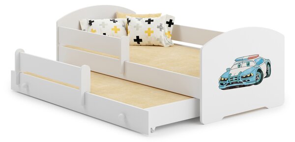 Dětská postel se dvěma lůžky LUK 160 × 80 cm s úložným šuplíkem a ochrannou zábranou – motiv policie
