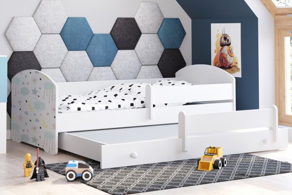 Dětská postel se dvěma lůžky LUK 160 × 80 cm s úložným šuplíkem a ochrannou zábranou – motiv hvězdy