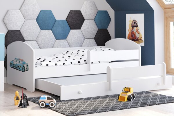 Dětská postel se dvěma lůžky LUK 160 × 80 cm s úložným šuplíkem a ochrannou zábranou – motiv policie