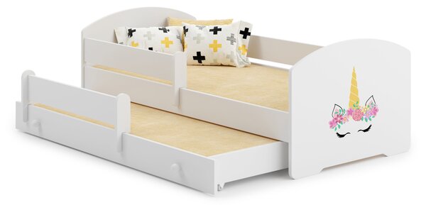 Dětská postel se dvěma lůžky LUK 160 × 80 cm s úložným šuplíkem a ochrannou zábranou – motiv jednorožec