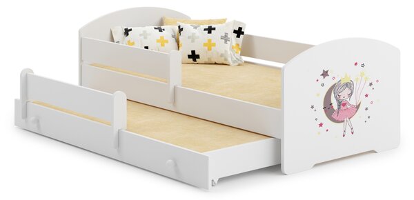 Dětská postel se dvěma lůžky LUK 160 × 80 cm s úložným šuplíkem a ochrannou zábranou – motiv spící princezna