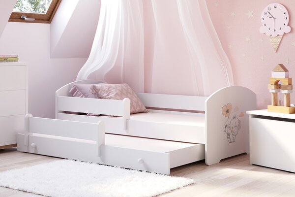Dětská postel se dvěma lůžky LUK 160 × 80 cm s úložným šuplíkem a ochrannou zábranou – motiv slůně