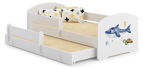 Dětská postel se dvěma lůžky LUK 160 × 80 cm s úložným šuplíkem a ochrannou zábranou – motiv žralok