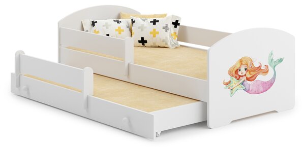 Dětská postel se dvěma lůžky LUK 160 × 80 cm s úložným šuplíkem a ochrannou zábranou – motiv mořská víla