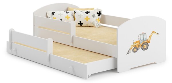 Dětská postel se dvěma lůžky LUK 160 × 80 cm s úložným šuplíkem a ochrannou zábranou – motiv bagr