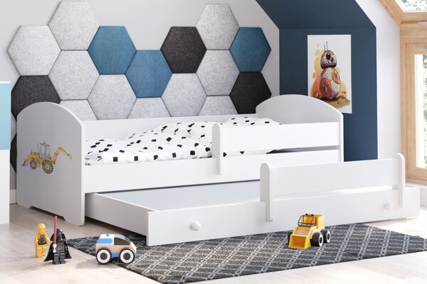 Dětská postel se dvěma lůžky LUK 160 × 80 cm s úložným šuplíkem a ochrannou zábranou – motiv bagr