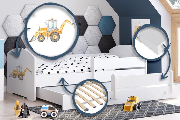 Dětská postel se dvěma lůžky LUK 160 × 80 cm s úložným šuplíkem a ochrannou zábranou – motiv bagr