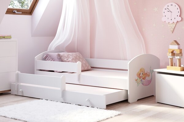 Dětská postel se dvěma lůžky LUK 160 × 80 cm s úložným šuplíkem a ochrannou zábranou – motiv mořská víla